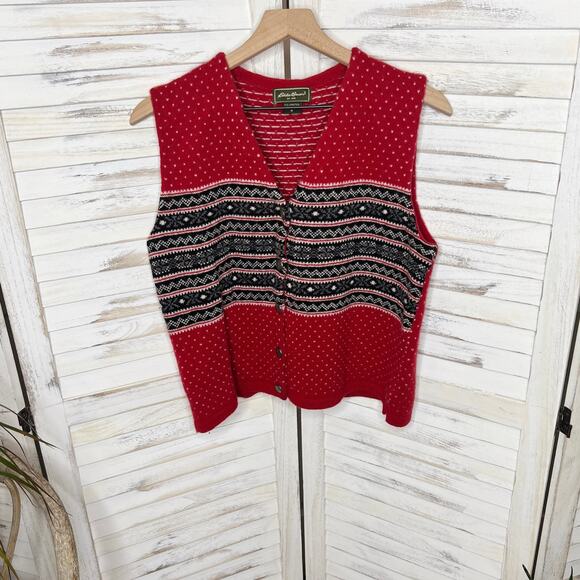 EDDIE BAUER VINTAGE Women's Nordic Fair Isle Sweater Vest Lambswool Red Gray Med - Picture 6 of 14